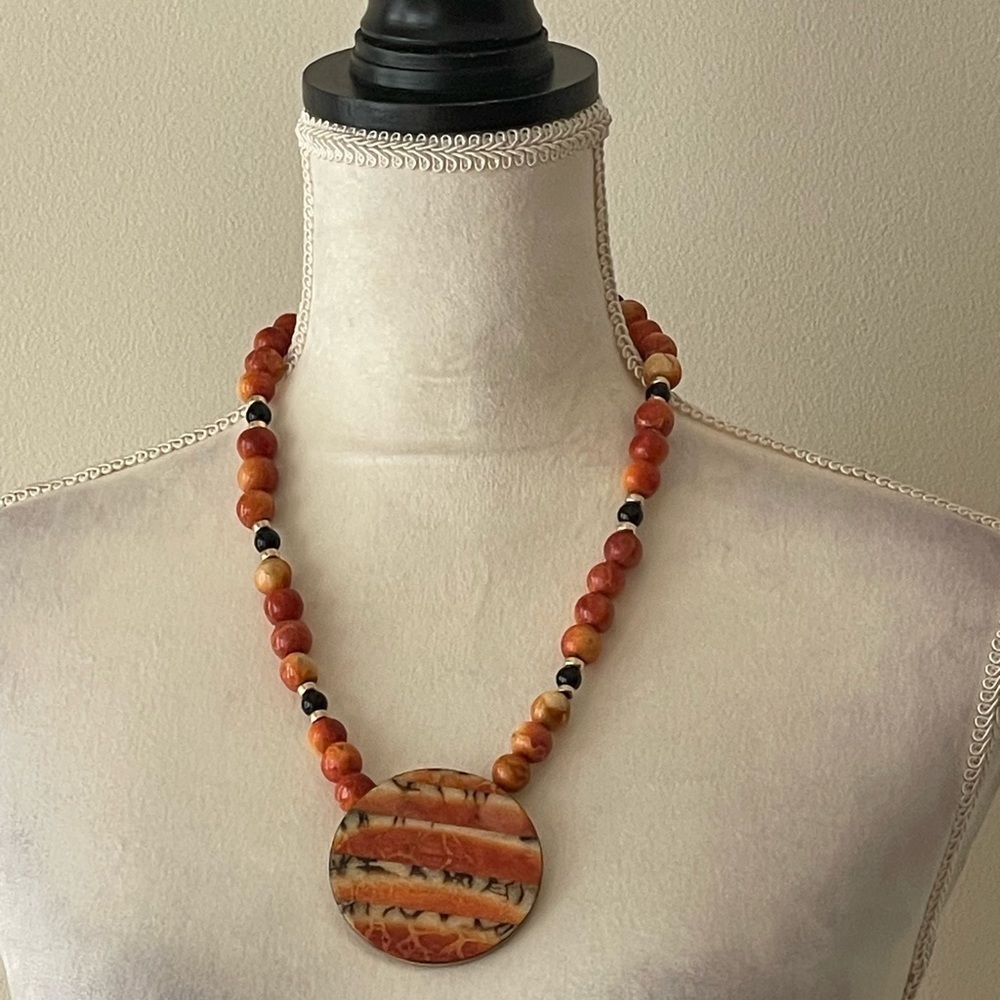 Coral Beaded Statement Necklace Large Round Pendant Boho Artisan - Picture 2 of 8
